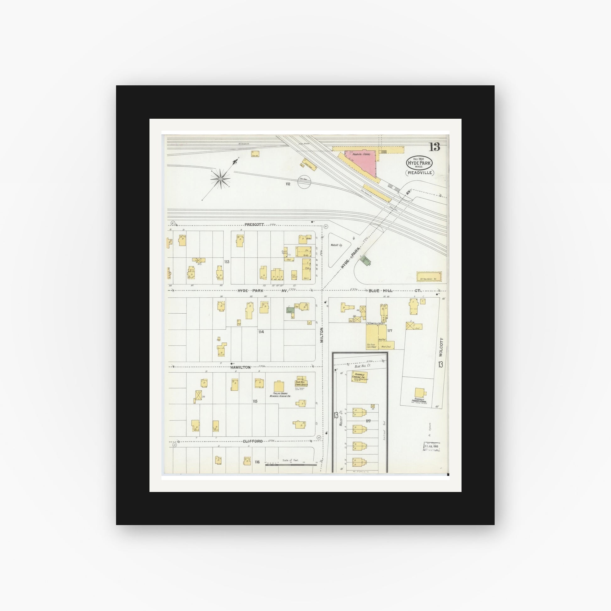 Old map wall art mockup — black gallery frame with white mat — Sanborn Fire Insurance Map from Hyde Park, Norfolk County, Massachusetts (1900), Sheet #0013