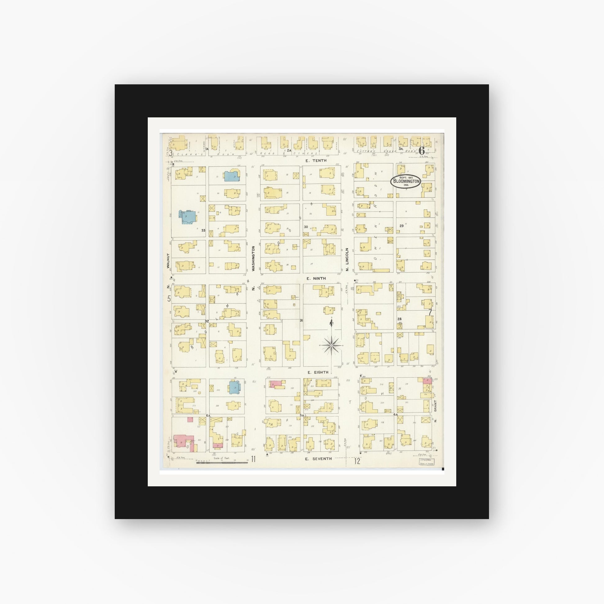 Old map wall art mockup — black gallery frame with white mat — Sanborn Fire Insurance Map from Bloomington, Monroe County, Indiana (1907), Sheet #0006