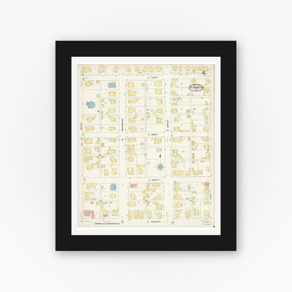 Old map wall art mockup — black gallery frame with white mat — Sanborn Fire Insurance Map from Bloomington, Monroe County, Indiana (1907), Sheet #0006