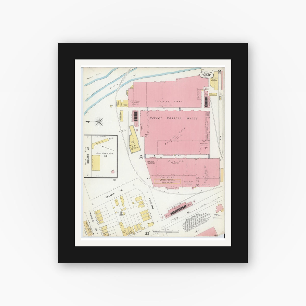 Old map wall art mockup — black gallery frame with white mat — Sanborn Fire Insurance Map from Passaic, Passaic County, New Jersey (1903) - Complete Map Set