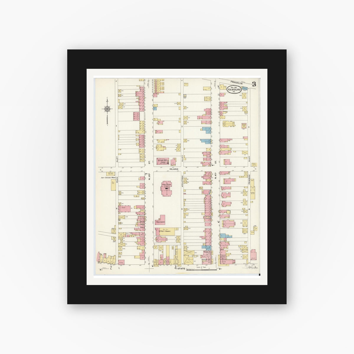 Old map wall art mockup — black gallery frame with white mat — Sanborn Fire Insurance Map from Hamburg, Berks County, Pennsylvania (1910), Sheet #0003