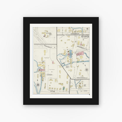 Old map wall art mockup — black gallery frame with white mat — Sanborn Fire Insurance Map from North Attleborough, Bristol County, Massachusetts (1889), Sheet #0006
