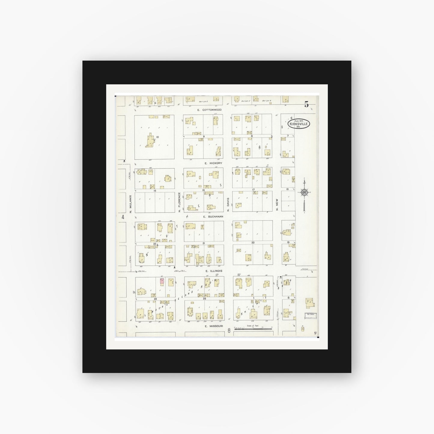 Old map wall art mockup — black gallery frame with white mat — Sanborn Fire Insurance Map from Kirksville, Adair County, Missouri (1914), Sheet #0005