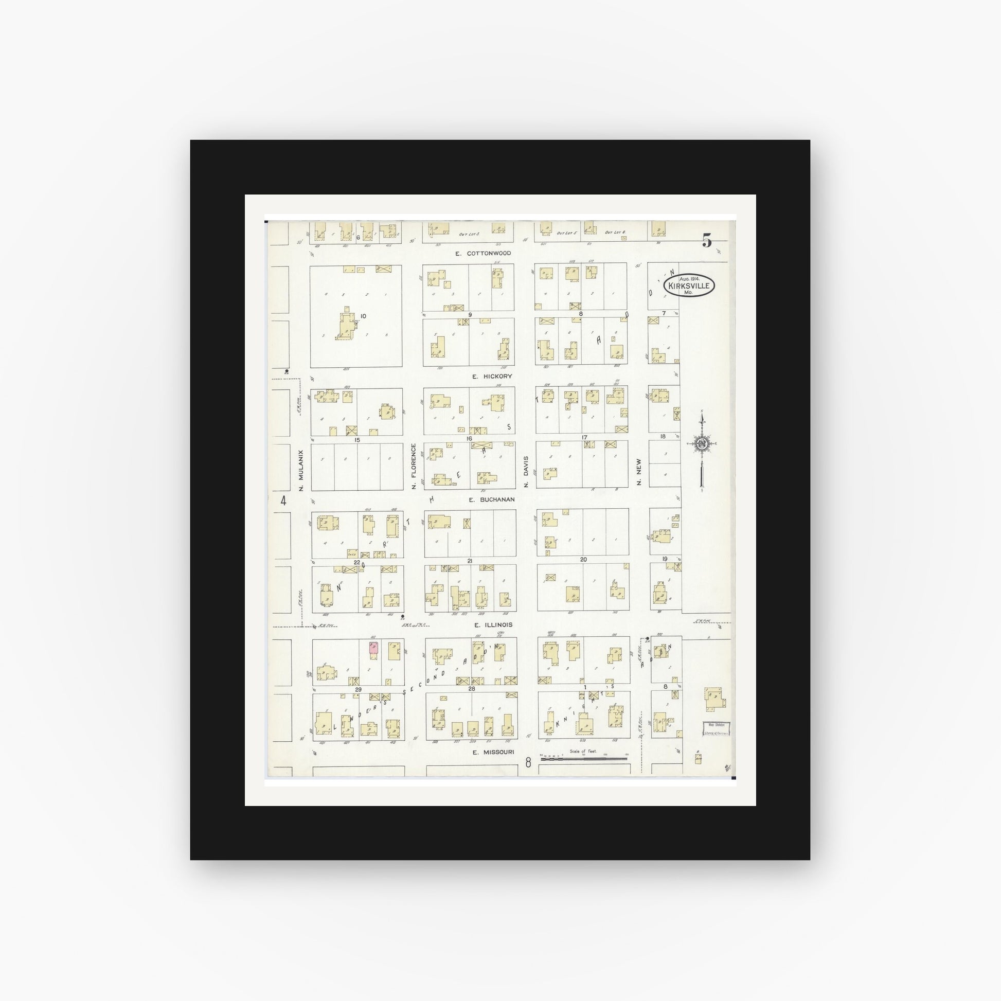 Old map wall art mockup — black gallery frame with white mat — Sanborn Fire Insurance Map from Kirksville, Adair County, Missouri (1914), Sheet #0005
