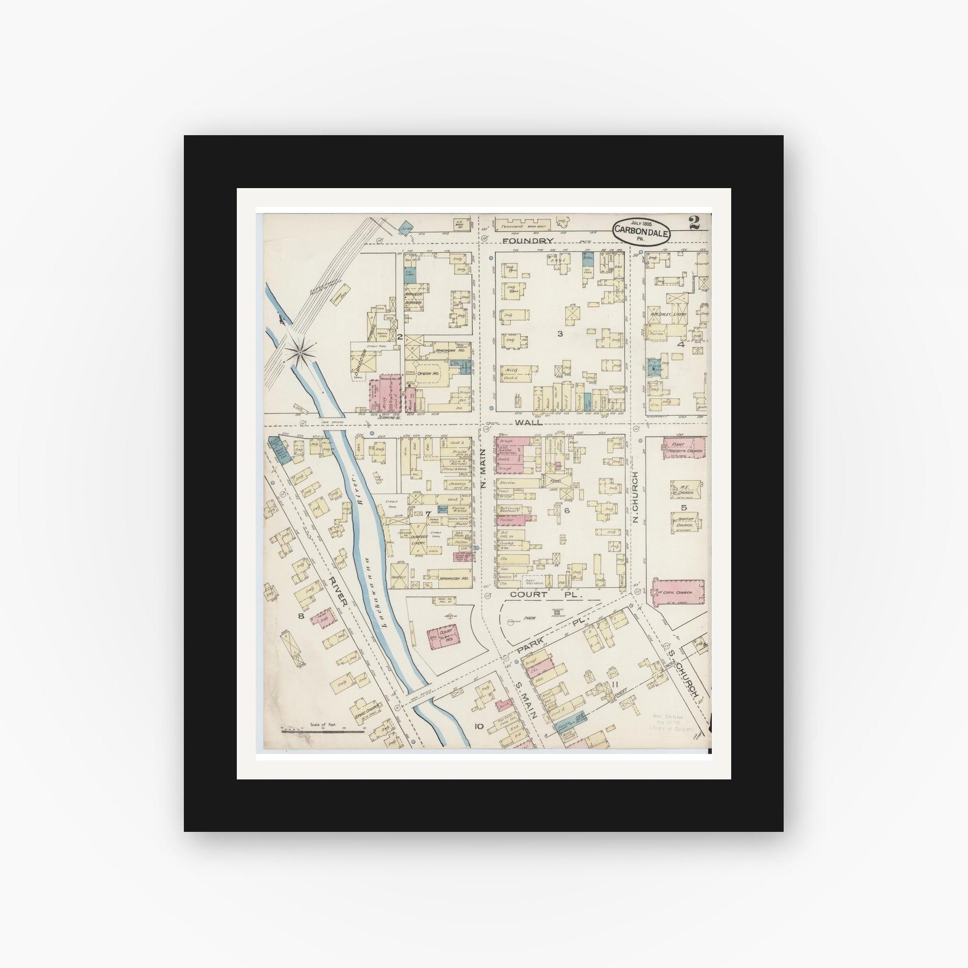 Old map wall art mockup — black gallery frame with white mat — Sanborn Fire Insurance Map from Carbondale, Lackawanna County, Pennsylvania (1885), Sheet #0002