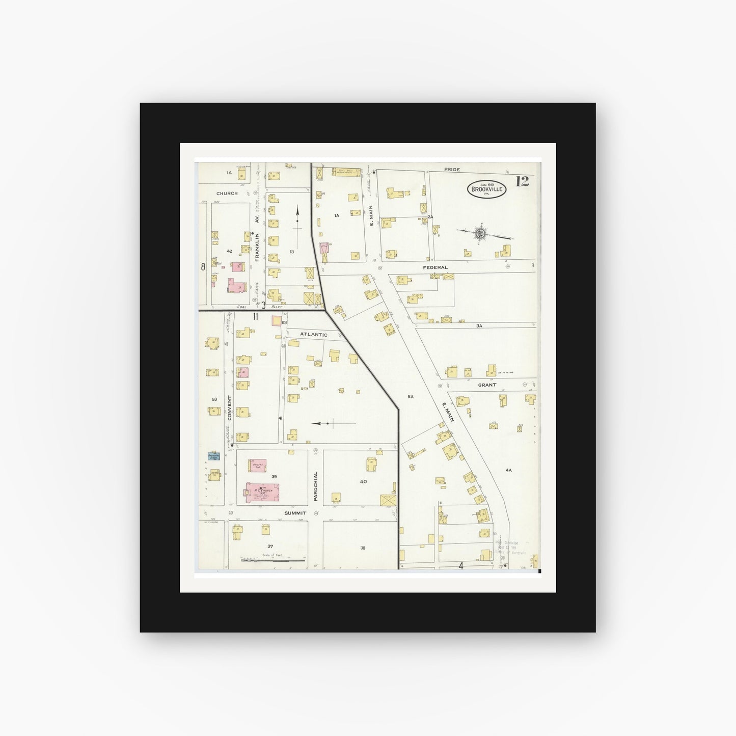 Old map wall art mockup — black gallery frame with white mat — Sanborn Fire Insurance Map from Brookville, Jefferson County, Pennsylvania (1910), Sheet #0012