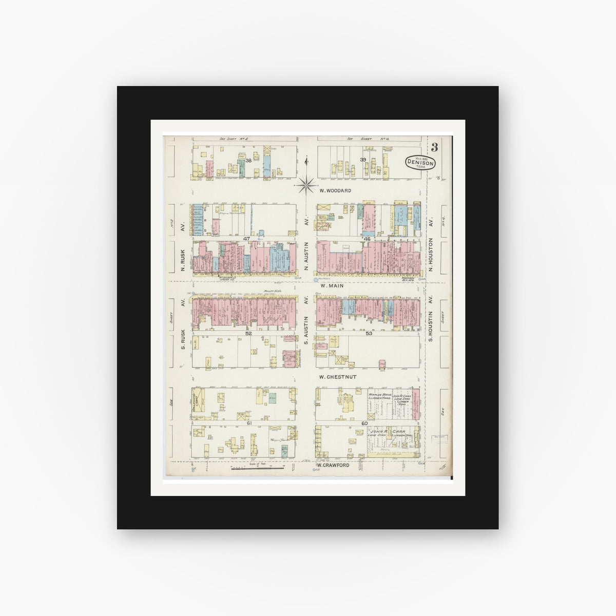 Old map wall art mockup — black gallery frame with white mat — Sanborn Fire Insurance Map from Denison, Grayson County, Texas (1888), Sheet #0003