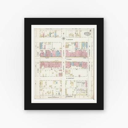 Old map wall art mockup — black gallery frame with white mat — Sanborn Fire Insurance Map from Denison, Grayson County, Texas (1888), Sheet #0003