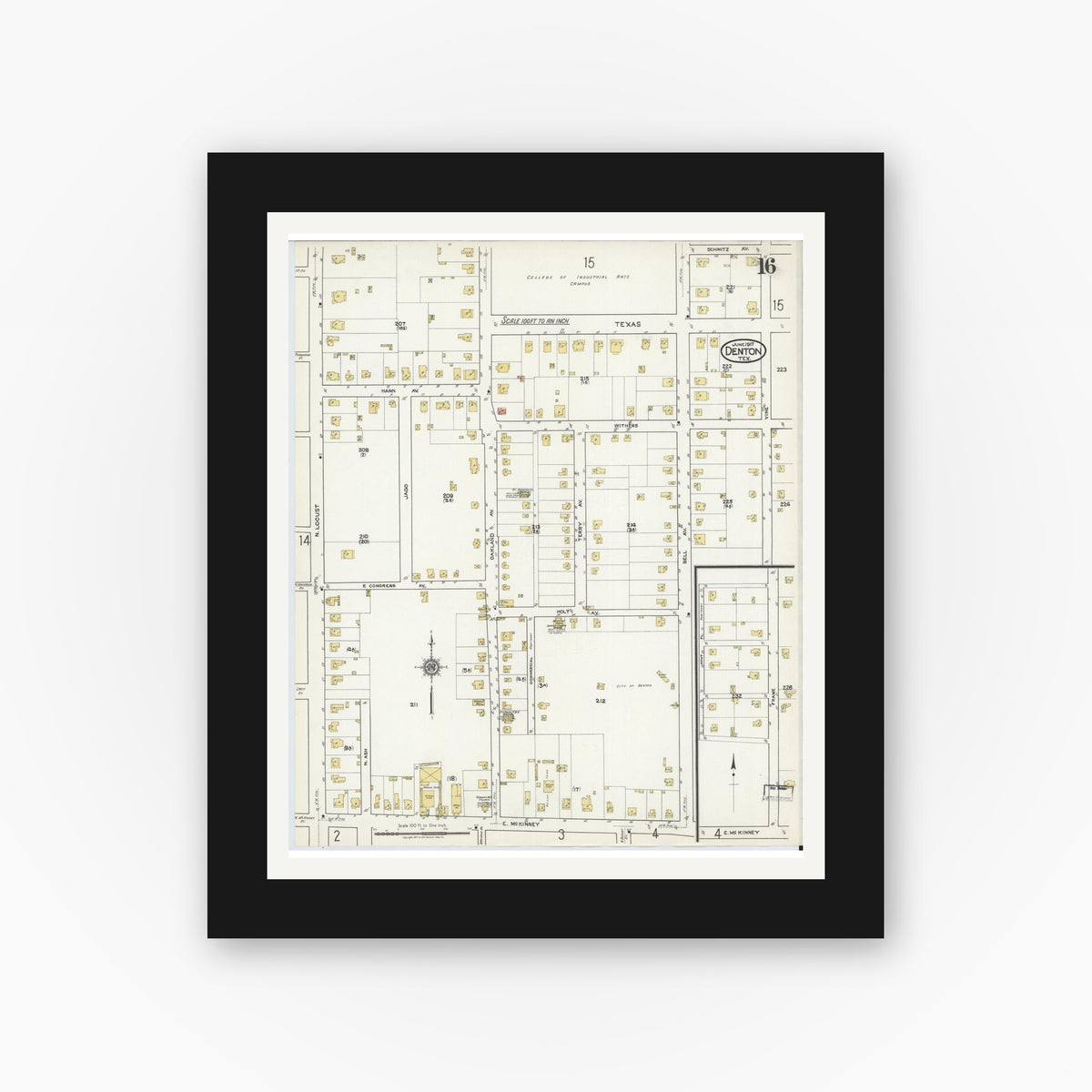 Old map wall art mockup — black gallery frame with white mat — Sanborn Fire Insurance Map from Denton, Denton County, Texas (1917), Sheet #0016