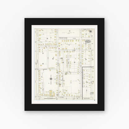 Old map wall art mockup — black gallery frame with white mat — Sanborn Fire Insurance Map from Denton, Denton County, Texas (1917), Sheet #0016