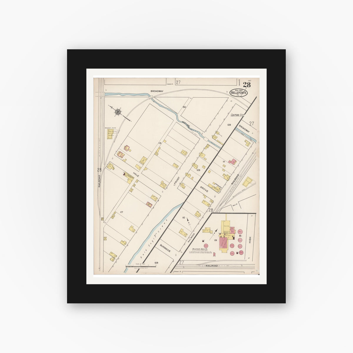 Old map wall art mockup — black gallery frame with white mat — Sanborn Fire Insurance Map from Bellefonte, Centre County, Pennsylvania (1922), Sheet #0028