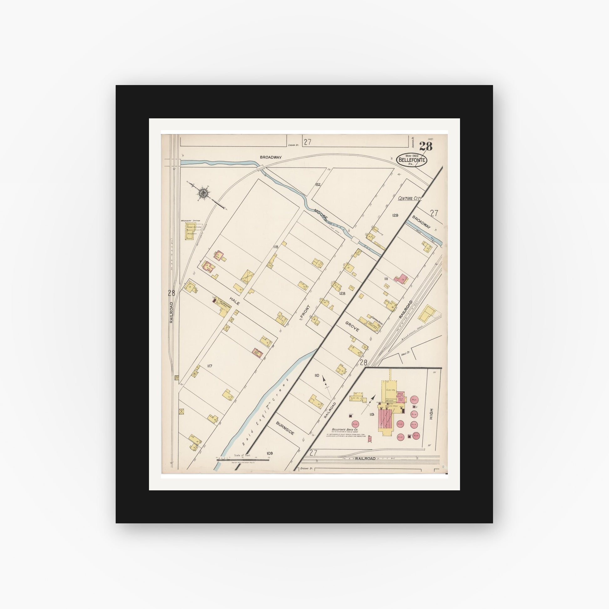 Old map wall art mockup — black gallery frame with white mat — Sanborn Fire Insurance Map from Bellefonte, Centre County, Pennsylvania (1922), Sheet #0028