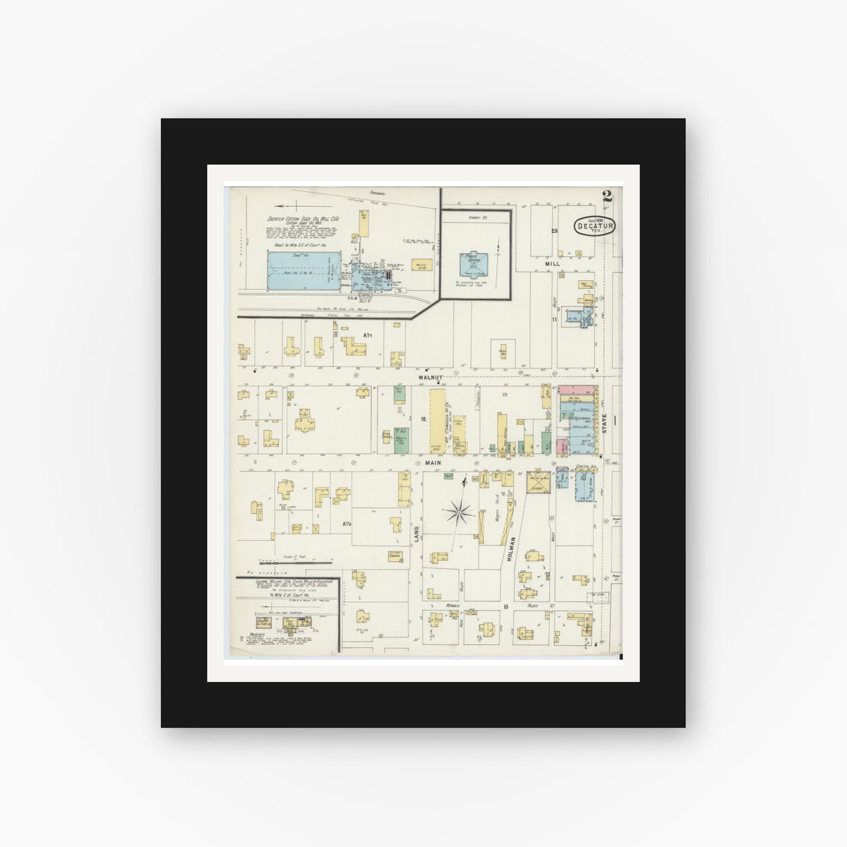 Old map wall art mockup — black gallery frame with white mat — Sanborn Fire Insurance Map from Decatur, Wise County, Texas (1896), Sheet #0002