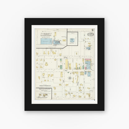 Old map wall art mockup — black gallery frame with white mat — Sanborn Fire Insurance Map from Decatur, Wise County, Texas (1896), Sheet #0002