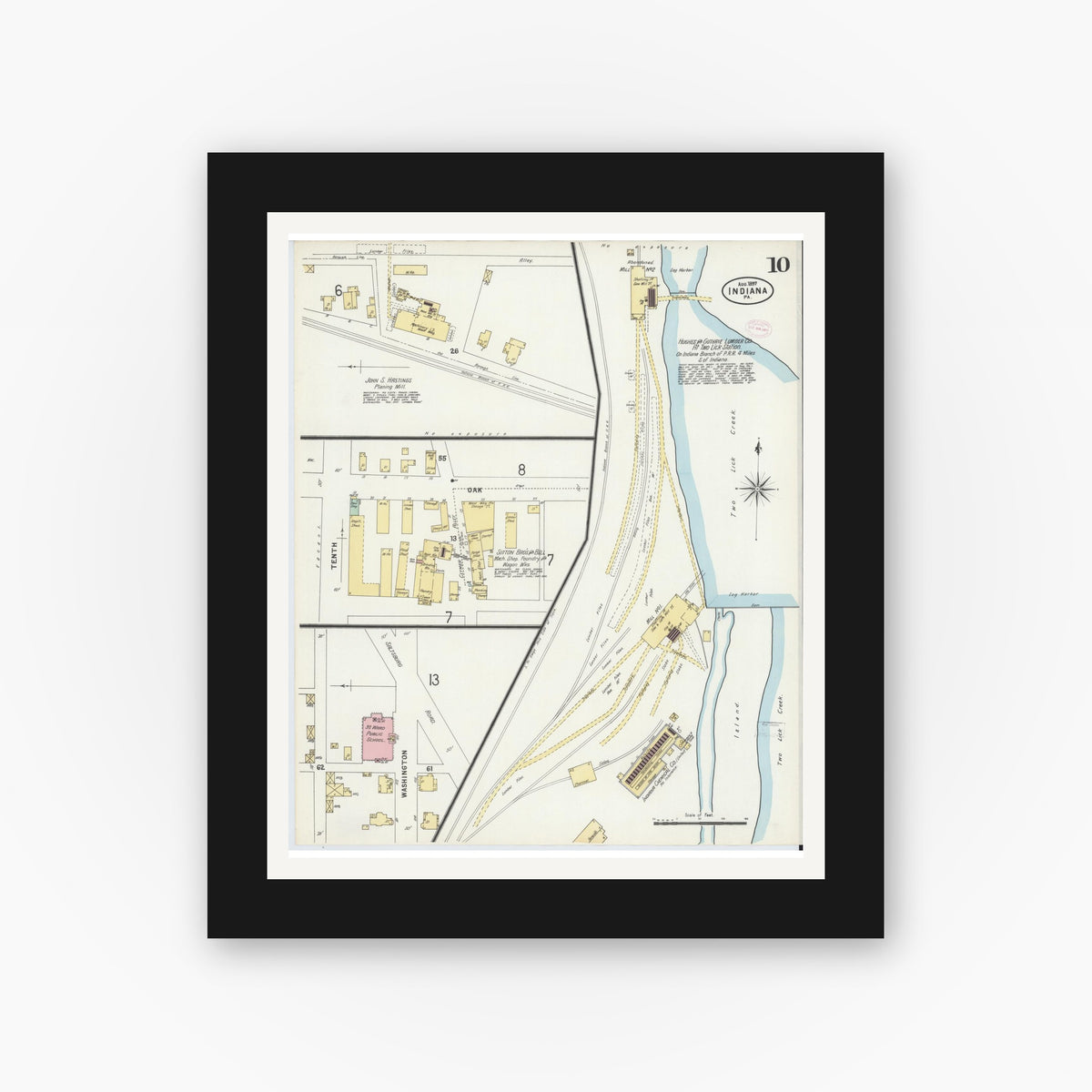 Old map wall art mockup — black gallery frame with white mat — Sanborn Fire Insurance Map from Indiana, Indiana County, Pennsylvania (1888), Sheet #0010