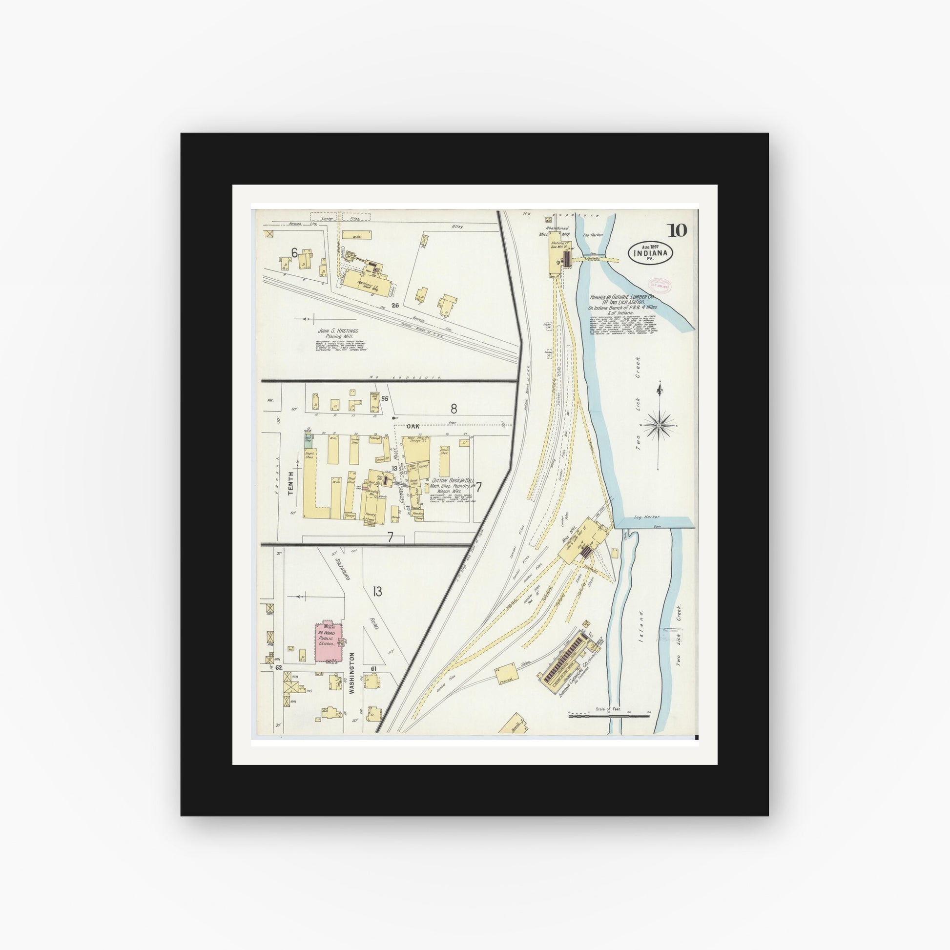 Old map wall art mockup — black gallery frame with white mat — Sanborn Fire Insurance Map from Indiana, Indiana County, Pennsylvania (1888), Sheet #0010