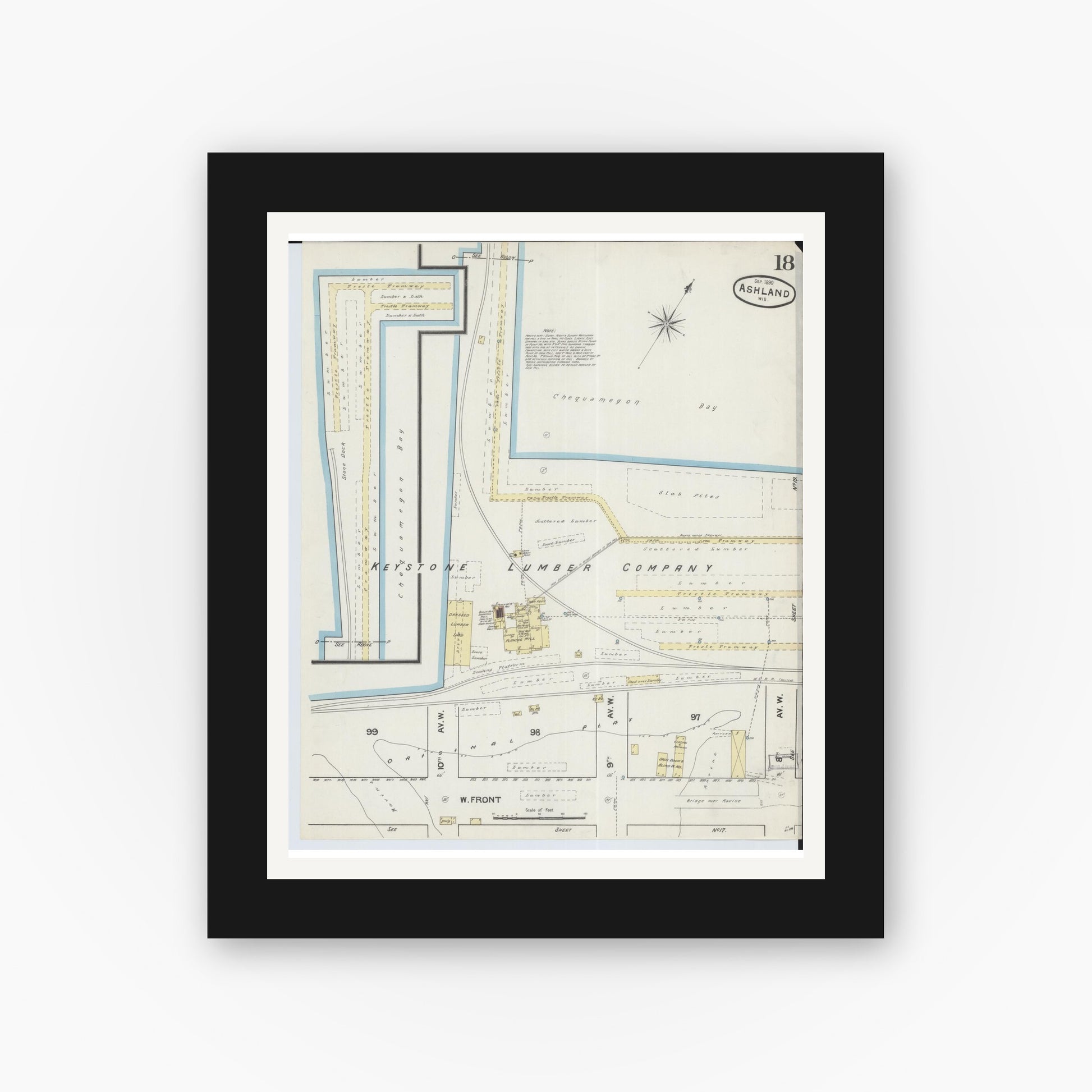 Old map wall art mockup — black gallery frame with white mat — Sanborn Fire Insurance Map from Ashland, Ashland County, Wisconsin (1890), Sheet #0018
