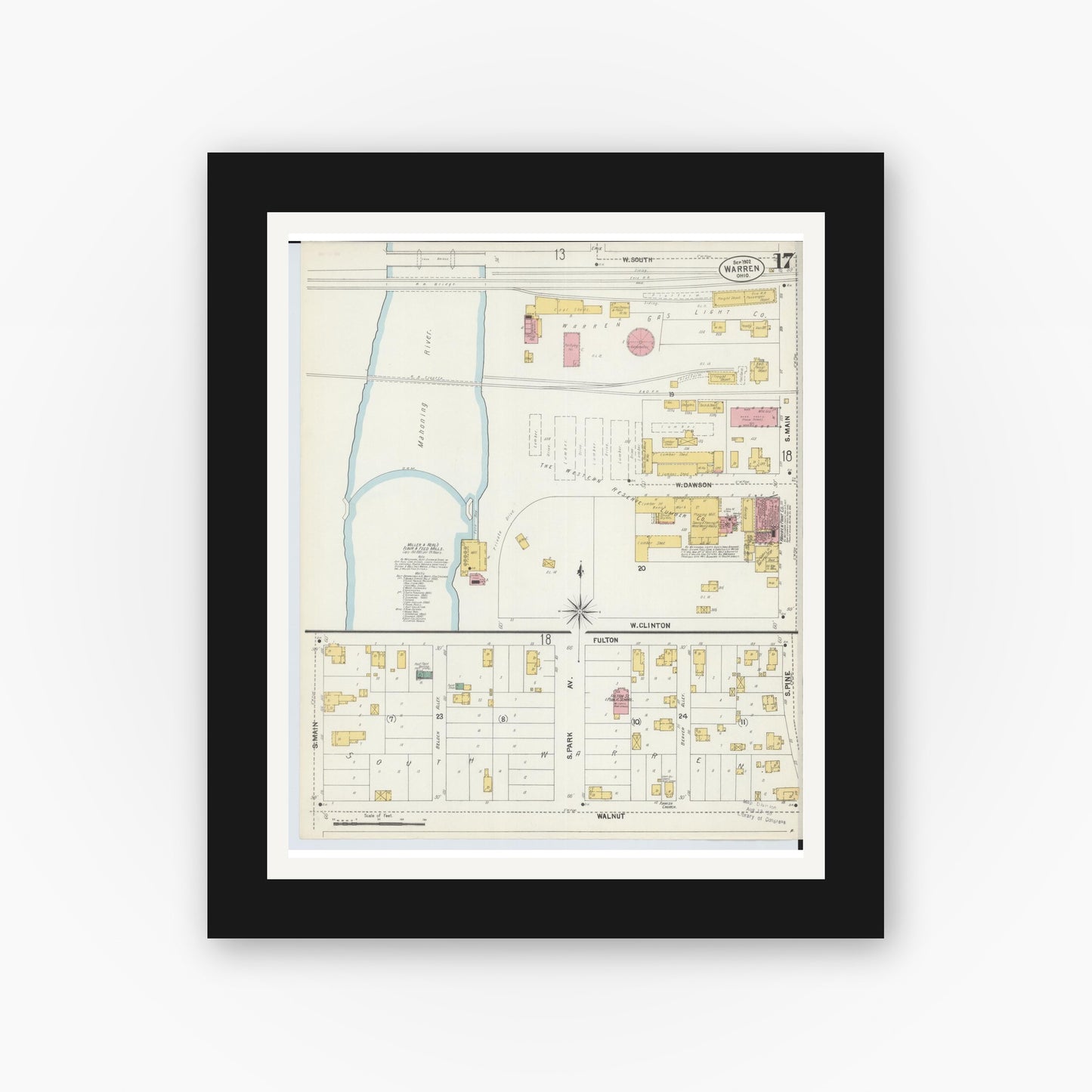 Old map wall art mockup — black gallery frame with white mat — Sanborn Fire Insurance Map from Warren, Trumbull County, Ohio (1902), Sheet #0017