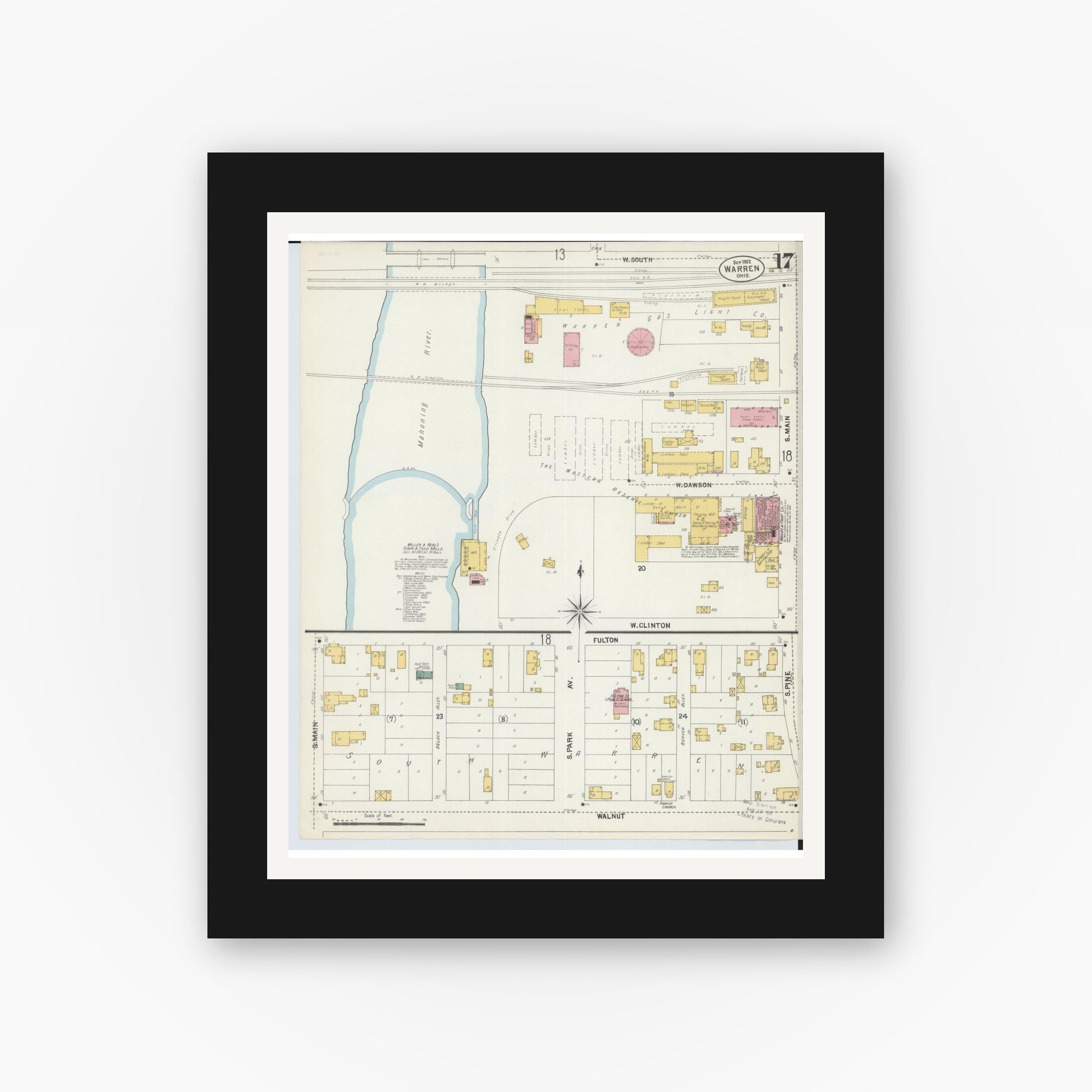 Old map wall art mockup — black gallery frame with white mat — Sanborn Fire Insurance Map from Warren, Trumbull County, Ohio (1902), Sheet #0017