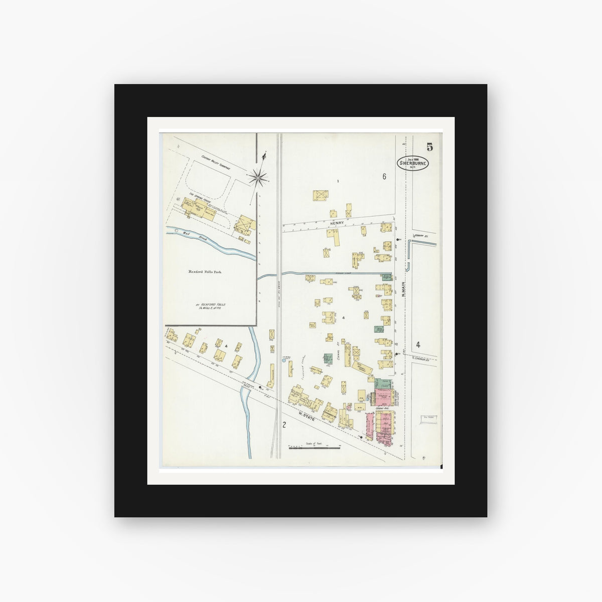 Old map wall art mockup — black gallery frame with white mat — Sanborn Fire Insurance Map from Sherburne, Chenango County, New York (1906), Sheet #0005