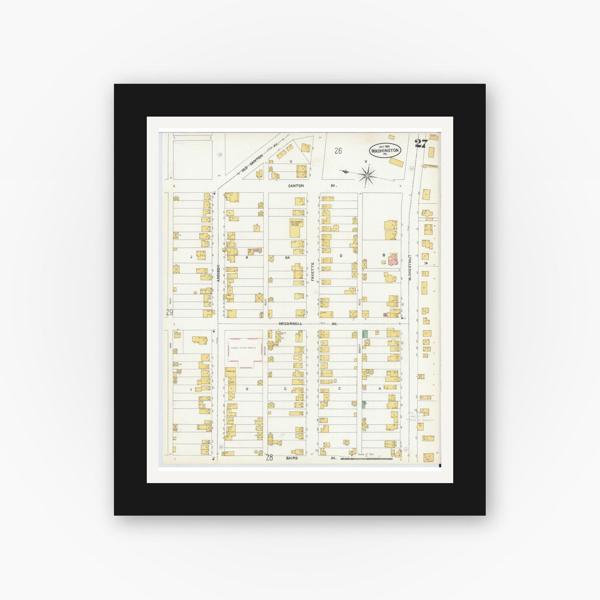 Old map wall art mockup — black gallery frame with white mat — Sanborn Fire Insurance Map from Washington, Washington County, Pennsylvania (1904), Sheet #0027