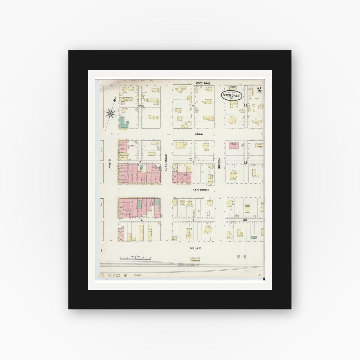 Old map wall art mockup — black gallery frame with white mat — Sanborn Fire Insurance Map from Rockdale, Milam County, Texas (1891), Sheet #0002