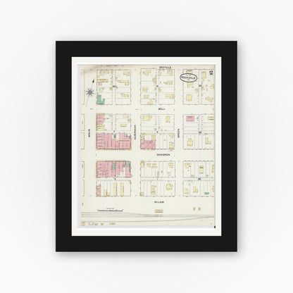 Old map wall art mockup — black gallery frame with white mat — Sanborn Fire Insurance Map from Rockdale, Milam County, Texas (1891), Sheet #0002