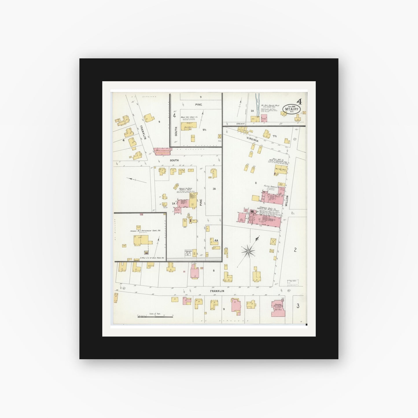 Old map wall art mockup — black gallery frame with white mat — Sanborn Fire Insurance Map from Mount Airy, Surry County, North Carolina (1900), Sheet #0004