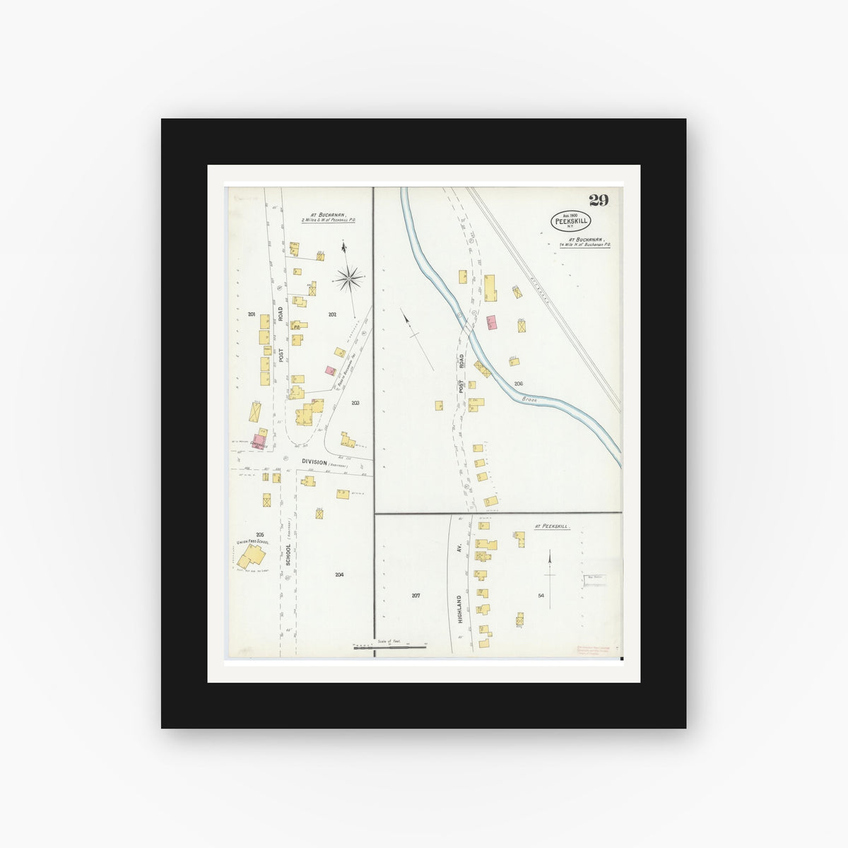 Old map wall art mockup — black gallery frame with white mat — Sanborn Fire Insurance Map from Peekskill, Westchester County, New York (1900), Sheet #0029