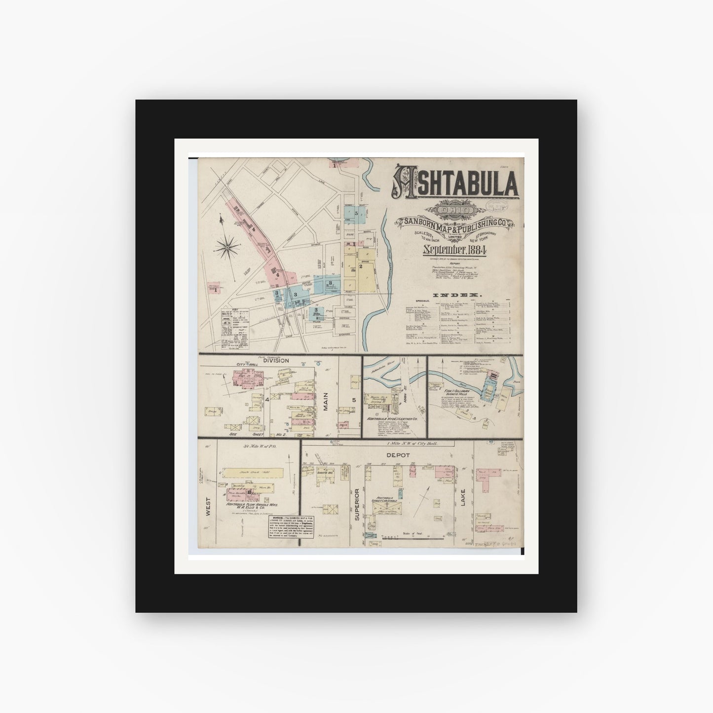 Old map wall art mockup — black gallery frame with white mat — Sanborn Fire Insurance Map from Ashtabula, Ashtabula County, Ohio (1884) - Complete Map Set