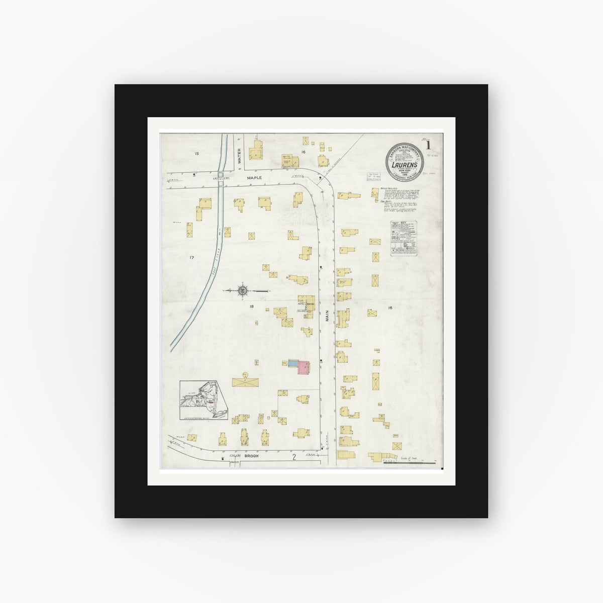 Old map wall art mockup — black gallery frame with white mat — Sanborn Fire Insurance Map from Laurens, Otsego County, New York (1916) - Complete Map Set