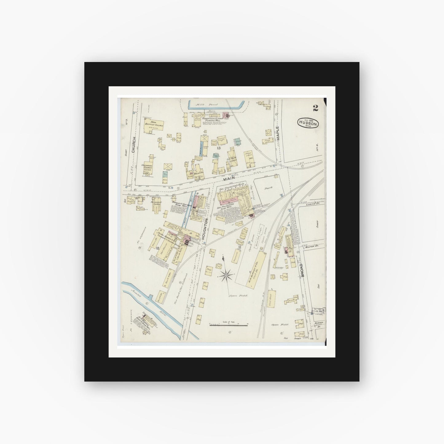Old map wall art mockup — black gallery frame with white mat — Sanborn Fire Insurance Map from Hudson, Middlesex County, Massachusetts (1888), Sheet #0002