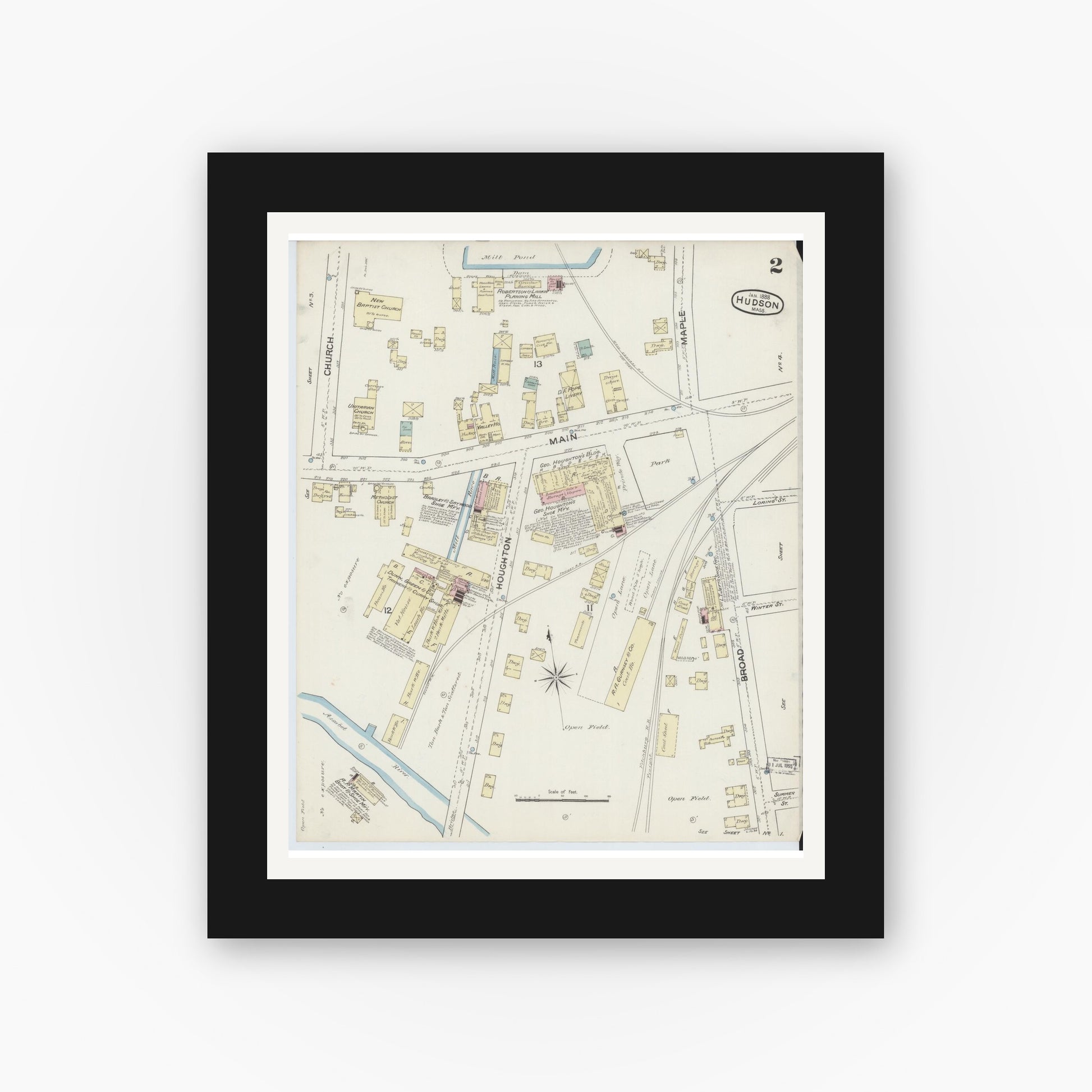 Old map wall art mockup — black gallery frame with white mat — Sanborn Fire Insurance Map from Hudson, Middlesex County, Massachusetts (1888), Sheet #0002