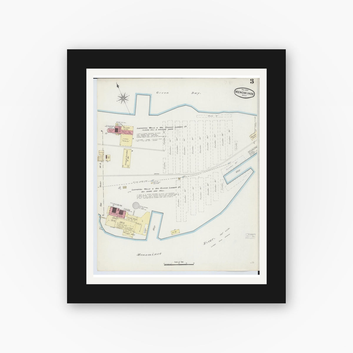 Old map wall art mockup — black gallery frame with white mat — Sanborn Fire Insurance Map from Menominee, Menominee County, Michigan (1890), Sheet #0003