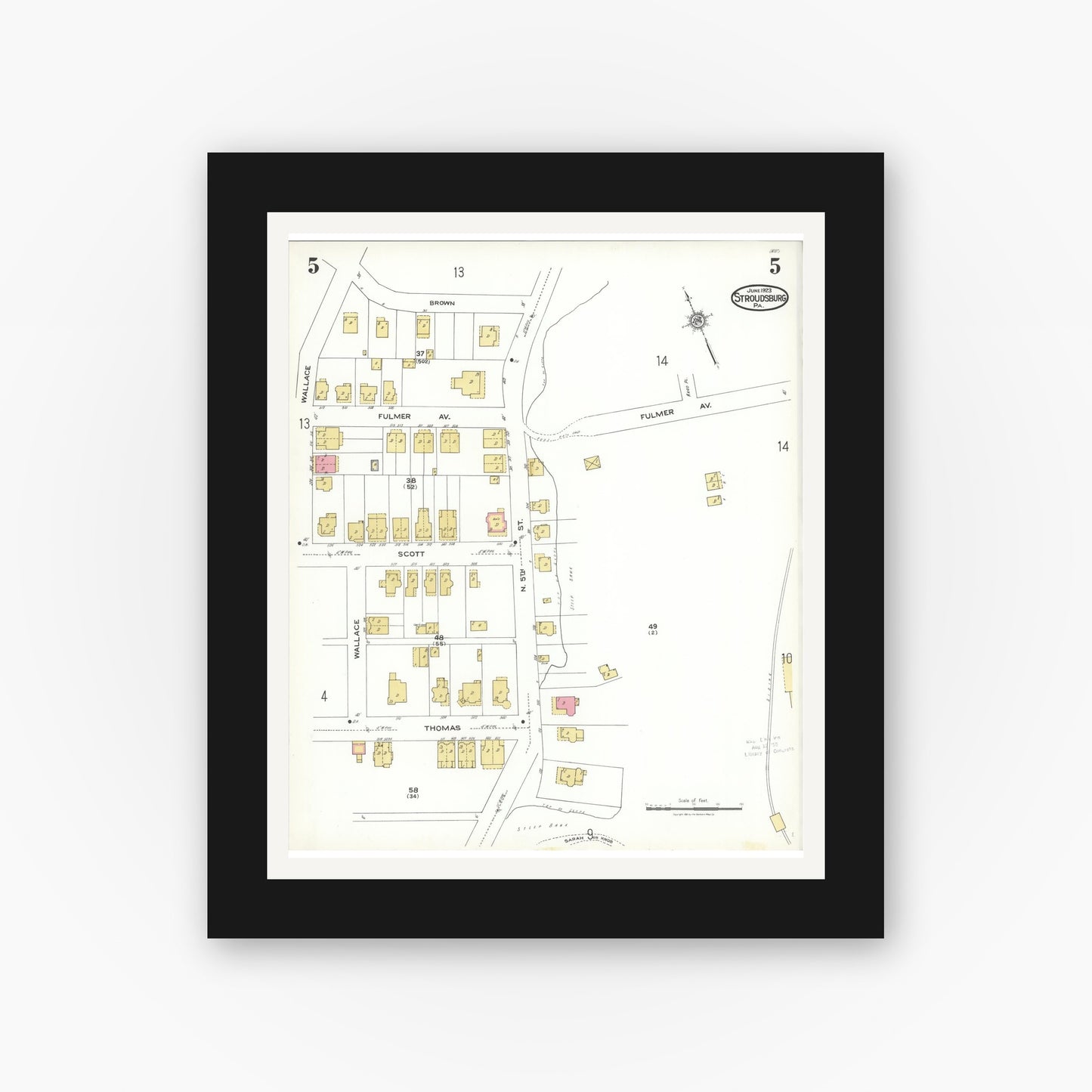 Old map wall art mockup — black gallery frame with white mat — Sanborn Fire Insurance Map from Stroudsburg, Monroe County, Pennsylvania (1923), Sheet #0005