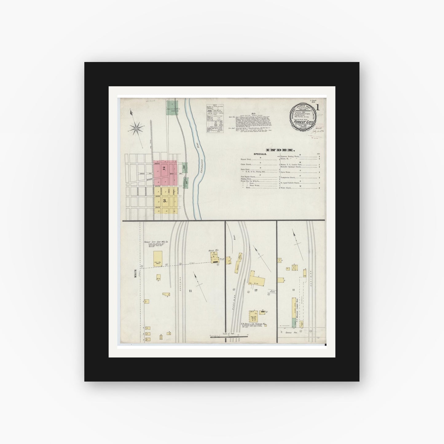 Old map wall art mockup — black gallery frame with white mat — Sanborn Fire Insurance Map from Forest City, Susquehanna County, Pennsylvania (1896), Sheet #0001