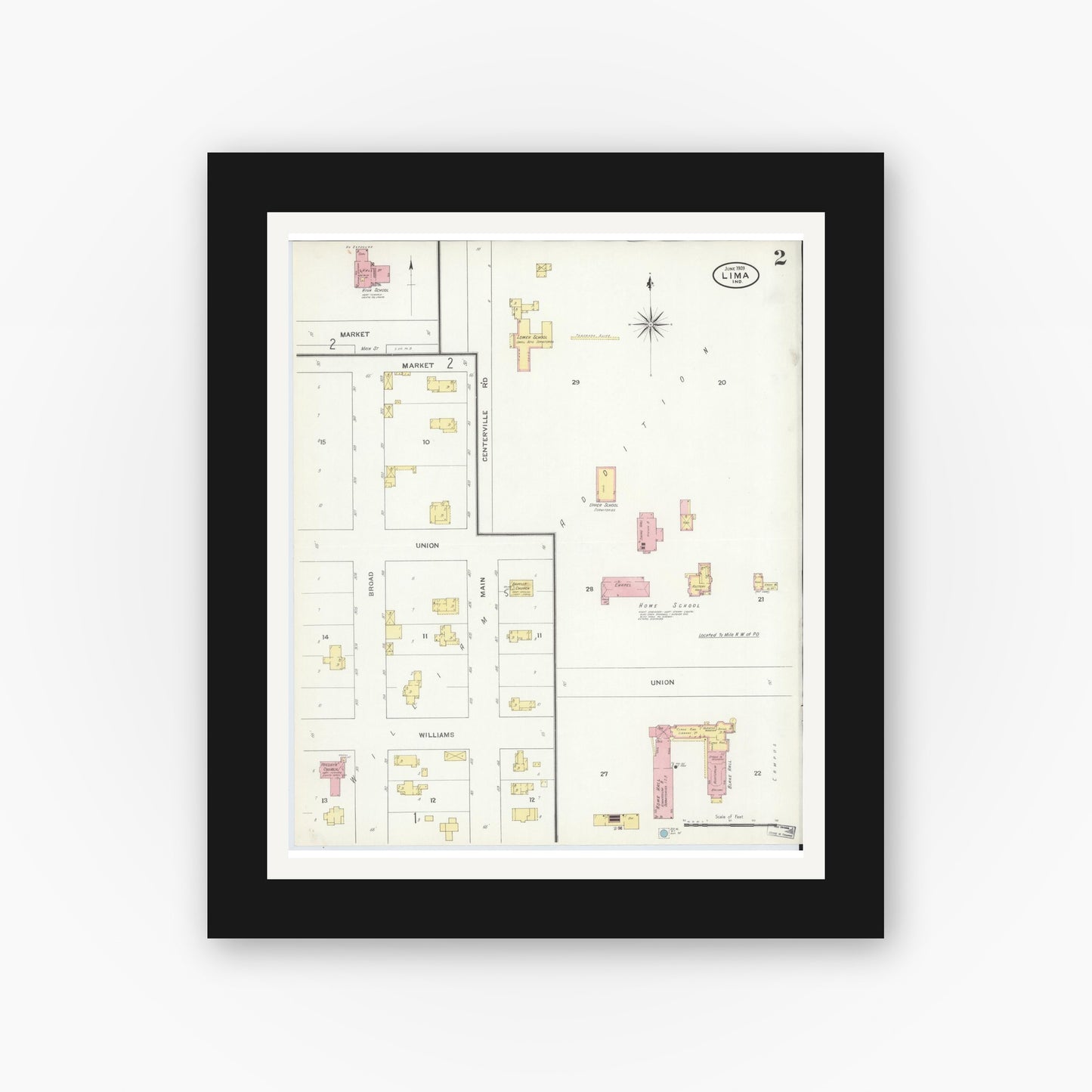 Old map wall art mockup — black gallery frame with white mat — Sanborn Fire Insurance Map from Lima, LaGrange County, Indiana (1909), Sheet #0002