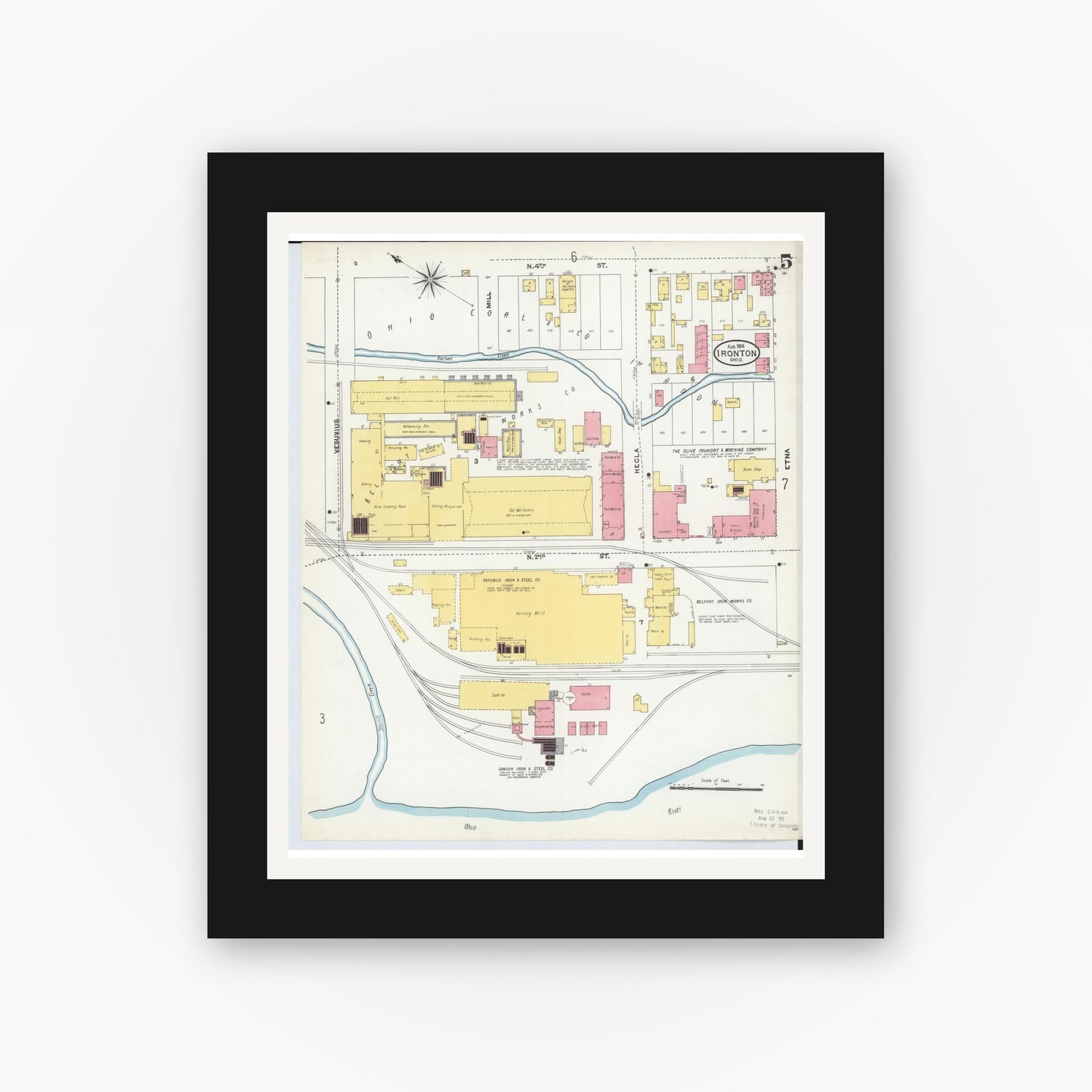 Old map wall art mockup — black gallery frame with white mat — Sanborn Fire Insurance Map from Ironton, Lawrence County, Ohio (1904), Sheet #0005