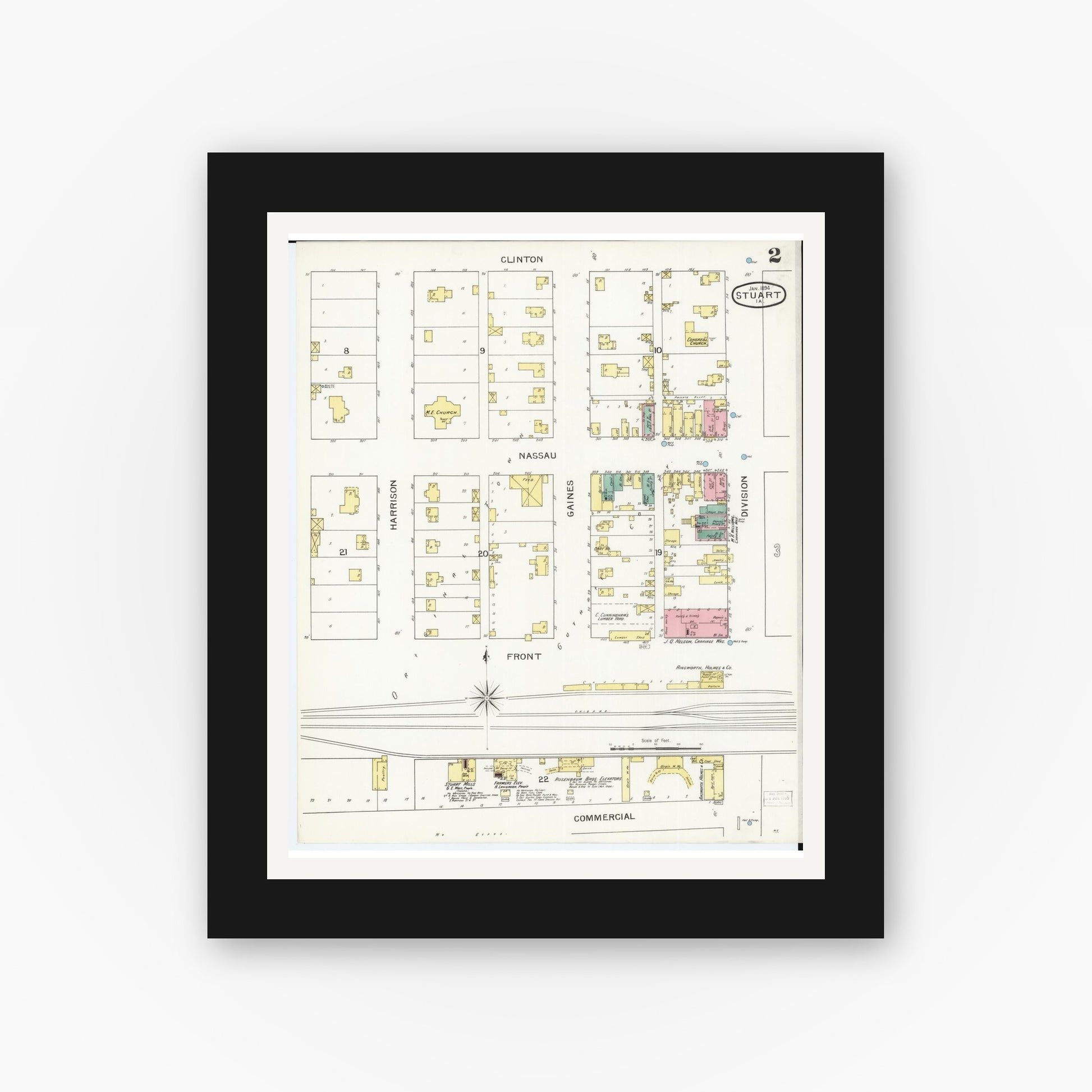 Old map wall art mockup — black gallery frame with white mat — Sanborn Fire Insurance Map from Stuart, Guthrie and Adair Counties, Iowa (1894), Sheet #0002
