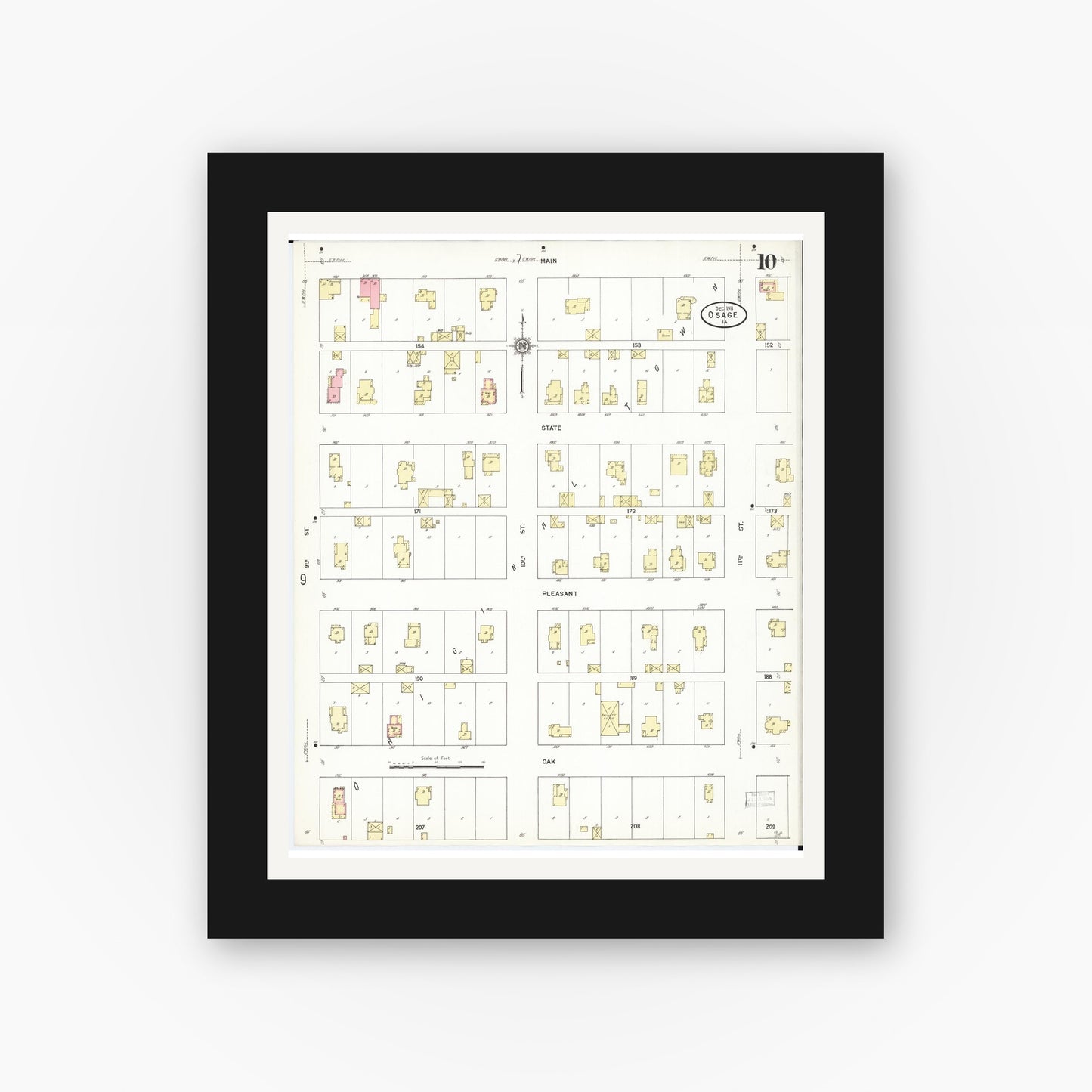 Old map wall art mockup — black gallery frame with white mat — Sanborn Fire Insurance Map from Osage, Mitchell County, Iowa (1911), Sheet #0010