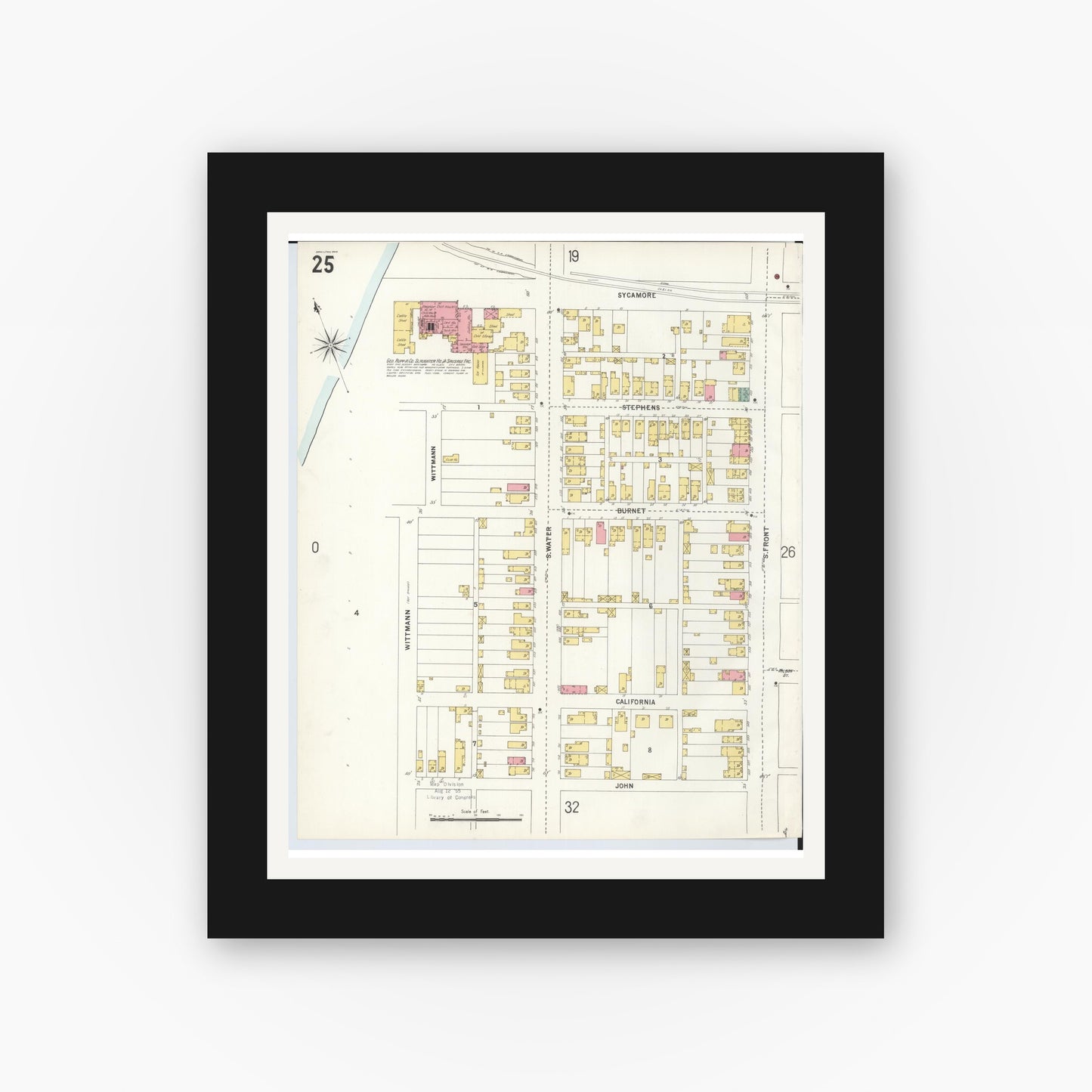 Old map wall art mockup — black gallery frame with white mat — Sanborn Fire Insurance Map from Hamilton, Butler County, Ohio (1899), Sheet #0025