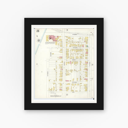 Old map wall art mockup — black gallery frame with white mat — Sanborn Fire Insurance Map from Hamilton, Butler County, Ohio (1899), Sheet #0025