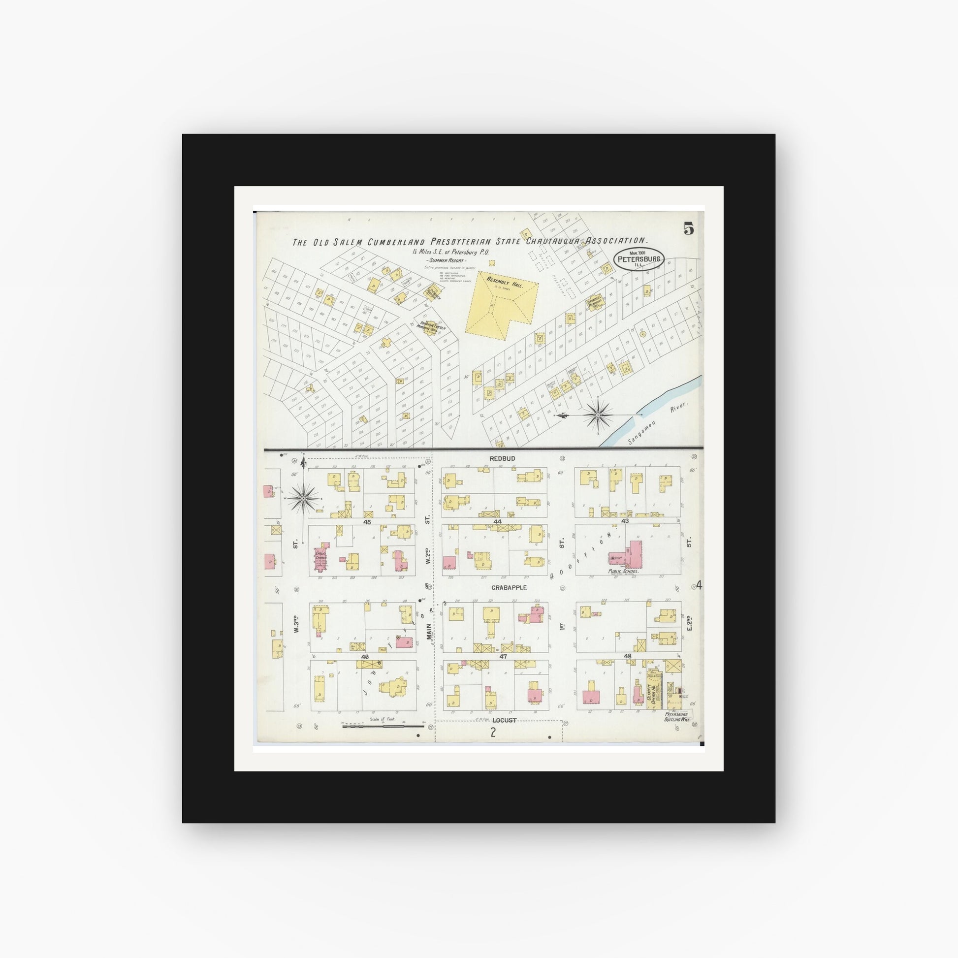 Old map wall art mockup — black gallery frame with white mat — Sanborn Fire Insurance Map from Petersburg, Menard County, Illinois (1901), Sheet #0005