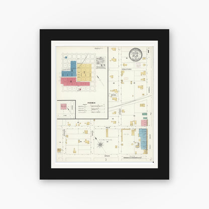 Old map wall art mockup — black gallery frame with white mat — Sanborn Fire Insurance Map from Saint Jo, Montague County, Texas (1908) - Complete Map Set