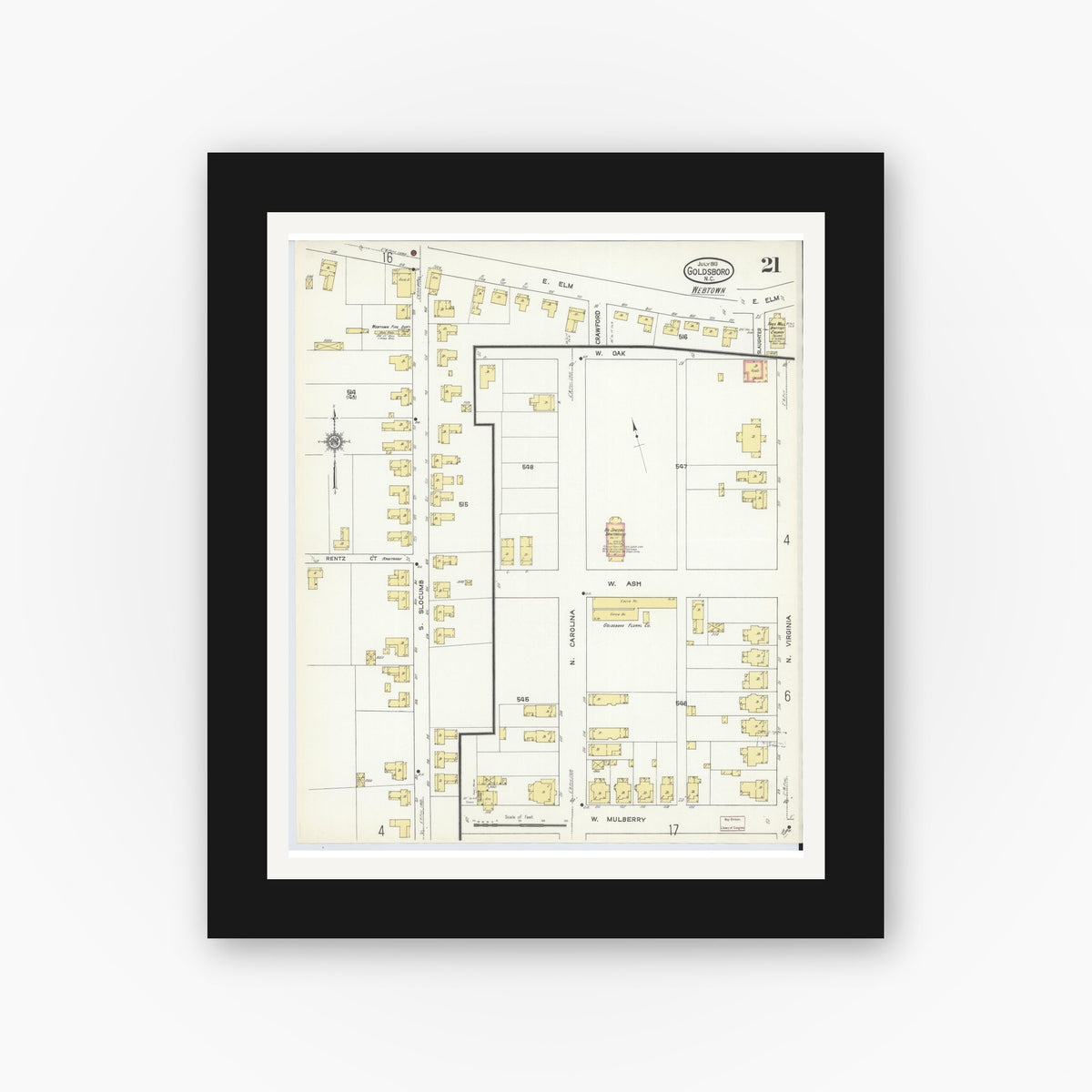 Old map wall art mockup — black gallery frame with white mat — Sanborn Fire Insurance Map from Goldsboro, Wayne County, North Carolina (1913), Sheet #0021