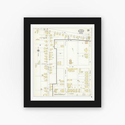 Old map wall art mockup — black gallery frame with white mat — Sanborn Fire Insurance Map from Goldsboro, Wayne County, North Carolina (1913), Sheet #0021