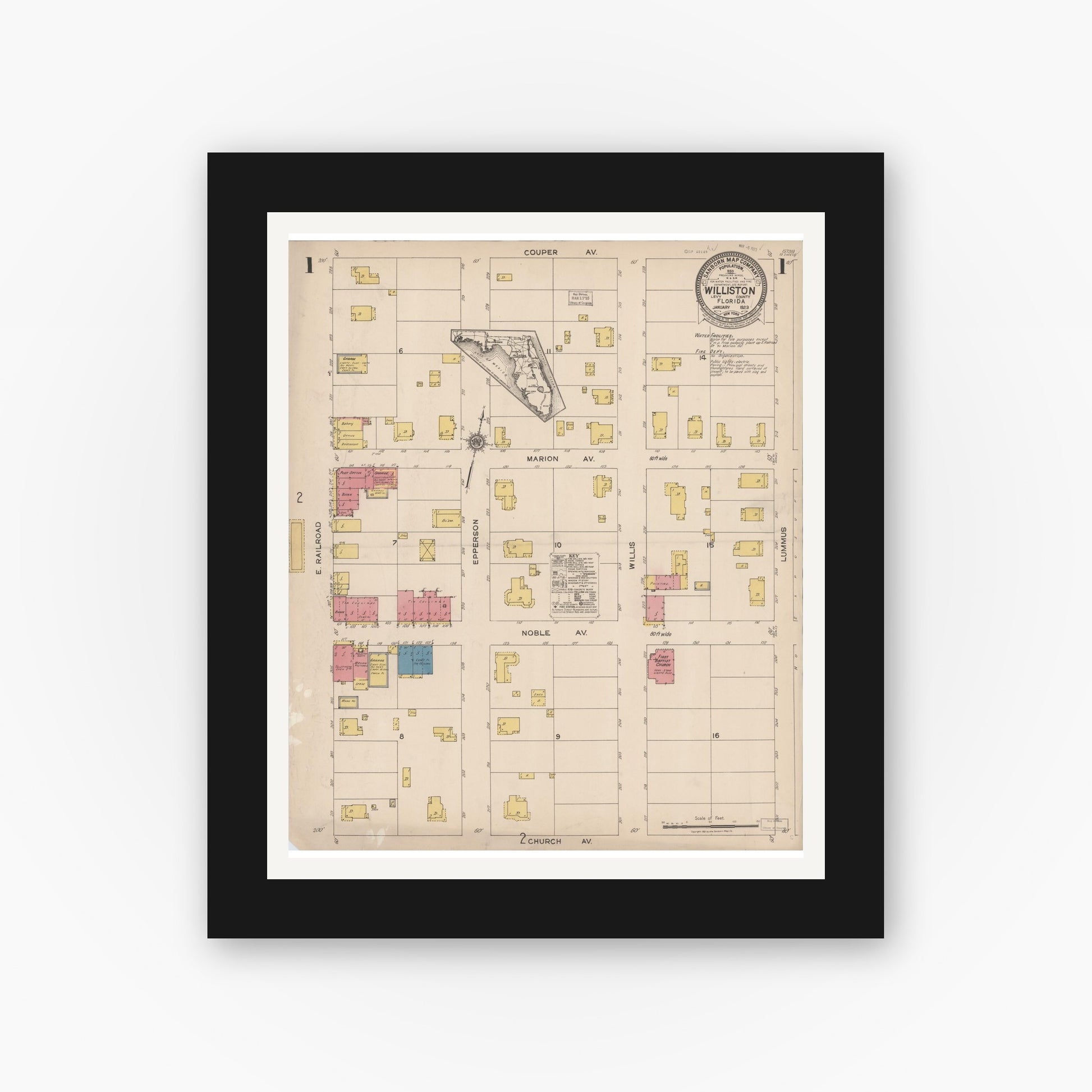 Old map wall art mockup — black gallery frame with white mat — Sanborn Fire Insurance Map from Williston, Levy County, Florida (1923) - Complete Map Set