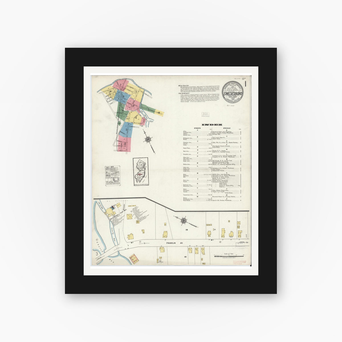 Old map wall art mockup — black gallery frame with white mat — Sanborn Fire Insurance Map from Swedesboro, Gloucester County, New Jersey (1920), Sheet #0001