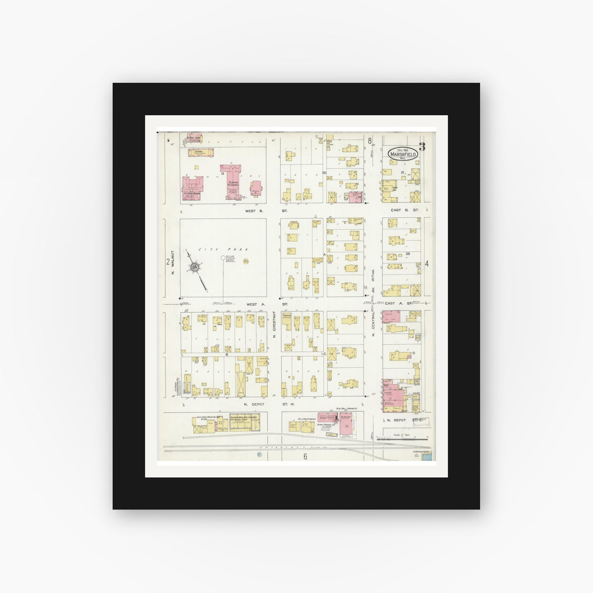 Old map wall art mockup — black gallery frame with white mat — Sanborn Fire Insurance Map from Marshfield, Wood County, Wisconsin (1912), Sheet #0003