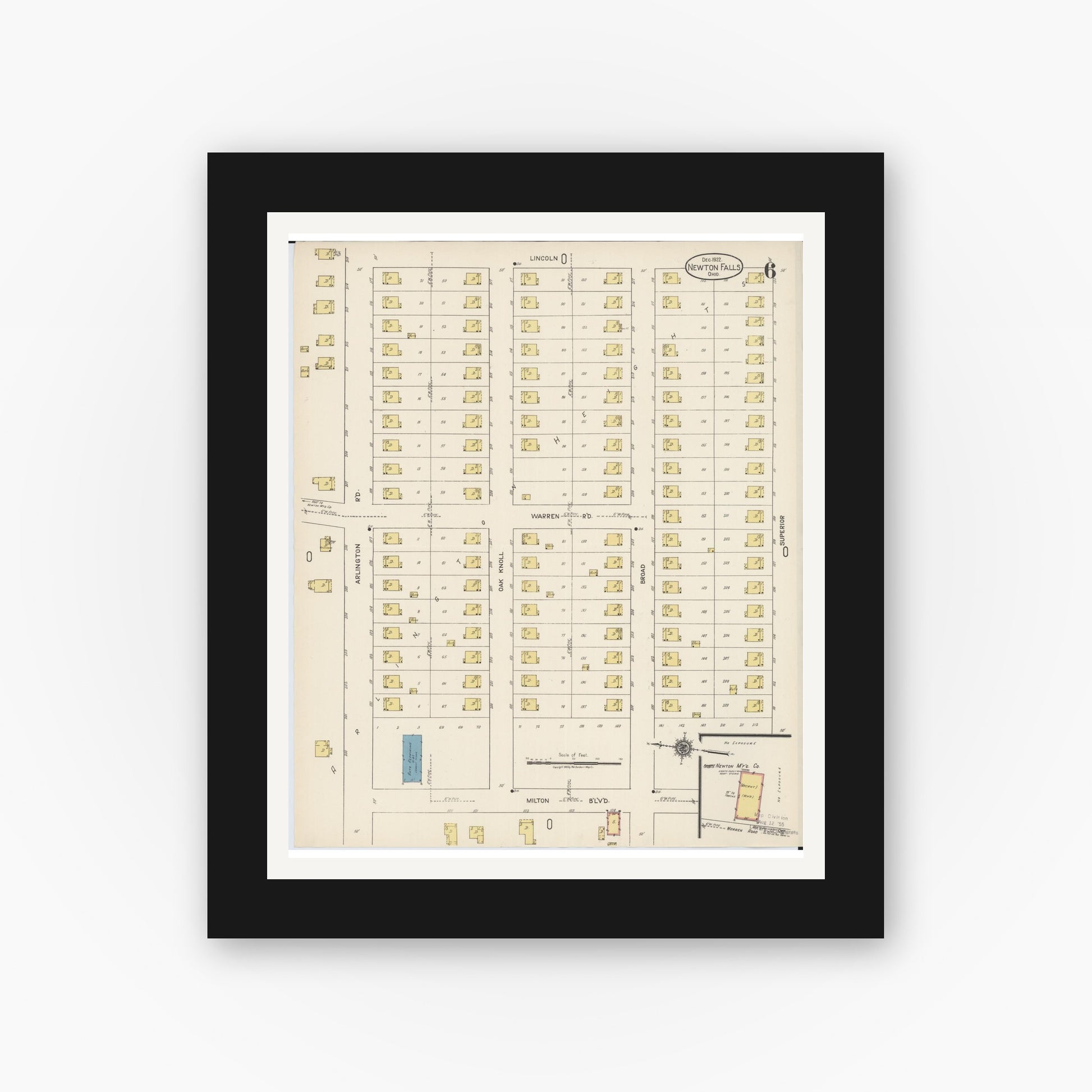 Old map wall art mockup — black gallery frame with white mat — Sanborn Fire Insurance Map from Newton Falls, Trumbull County, Ohio (1922), Sheet #0006
